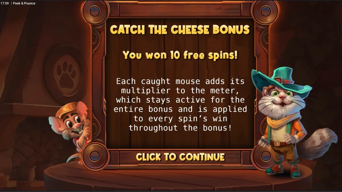 Tampilan visual slot Peek & Pounce dengan karakter kucing Señor Pounce
