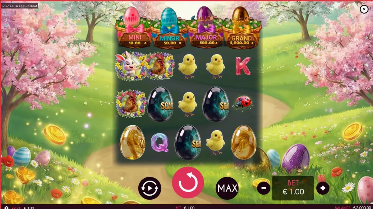 Tampilan visual slot Easter Eggs Jackpot dengan nuansa musim semi dan telur paskah